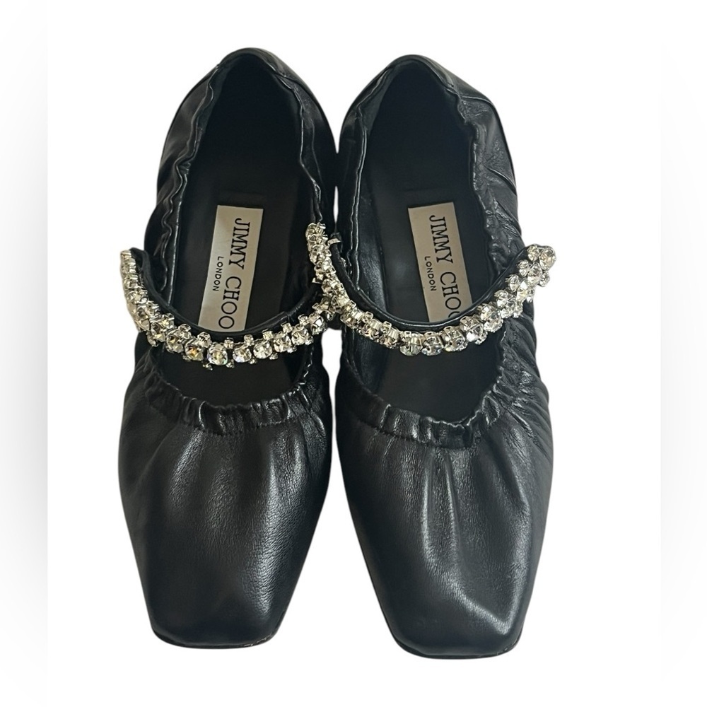 Jimmy Choo Gai Square-Toe Crystal-Strap Leather Ballerina Flats 34, pre-owned.